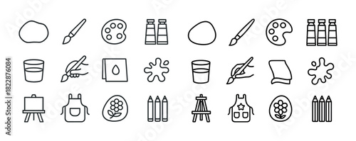 Art tools icons set: paintbrush, palette, easel, binoculars, crayons, canvas, apron