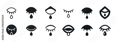 Tear drop eye icons set: emotions and expressions in black and white