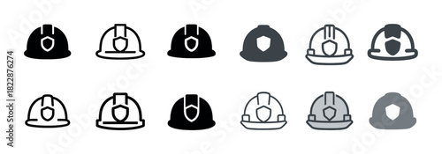 Set of twelve construction helmet icons in various styles and shades