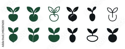 Variety of plant seedling icons in different styles and colors