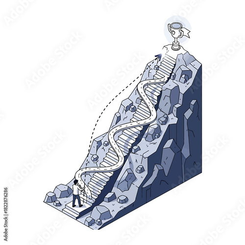 Man climbing winding staircase up rocky mountain towards trophy at the summit, symbolizing ambition and achievement in a challenging journey.