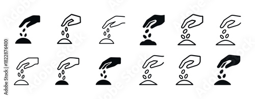Set of twelve hand sowing seed icons in various styles