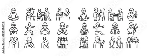 Line art illustration of diverse people engaging in various activities