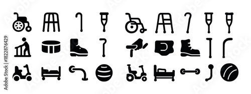 Various mobility aid icons including wheelchair, walker, crutches, and more