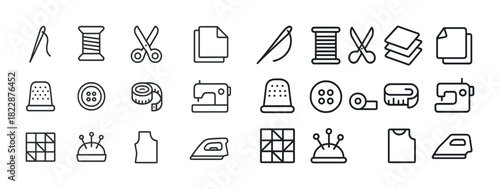 Sewing tools and equipment icons collection: needles, scissors, thread, buttons, sewing machines