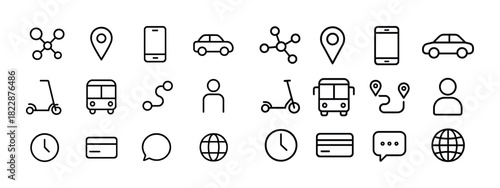 Transport and communication icons: scooters, buses, maps, networks, clocks