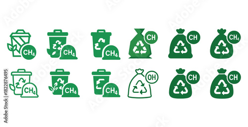 Green recycling icons illustrating waste management and biogas production