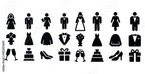 Wedding icons collection: bride, groom, cake, flowers, gifts, attire, and toasts