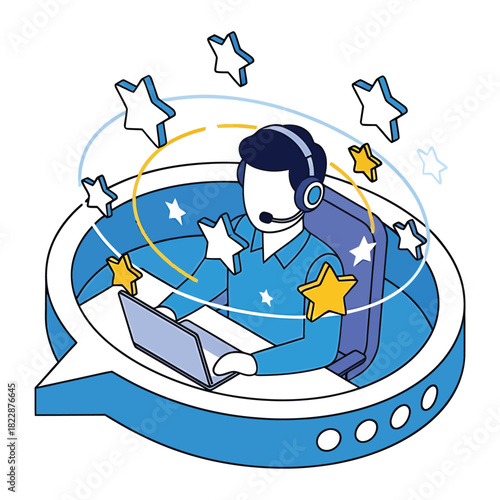 Customer service representative assisting clients online with laptop in a modern office environment, providing excellent support and creating a positive customer experience.