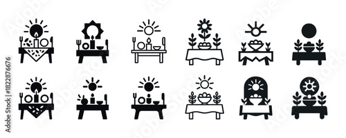 Collection of dining table icons with sun and decorative elements