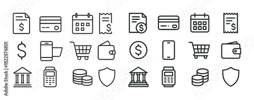Finance icons set including payment, shopping, and security symbols