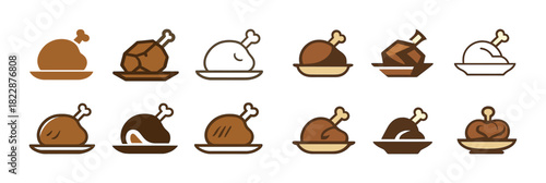 Assorted roasted chicken drumstick icons on white background