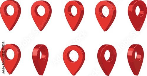 3D red location pins, map marker icons set, navigation pointer symbols, glossy geolocation elements, positioning indicators, isolated vector collection