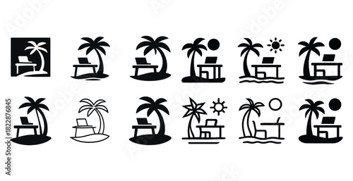 Tropical office icons: palm trees, desk, laptop, sun, ocean themes