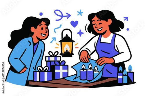 Candle Wrapping Joy. Gift vendor. Woman wrapping a handmade candle set while a customer watches, both smiling.