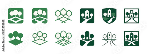 Green nature-themed tree and house logo designs in various geometric styles
