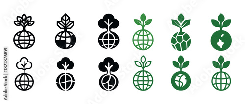 Eco-friendly globe icons with trees and leaves in black and green