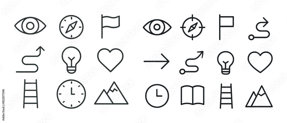 Naklejka premium Minimalist navigation and inspiration icons set: compass, map, heart, arrow, clock, ladder