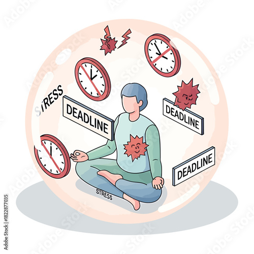 Person meditates inside bubble surrounded by deadlines and stress, seeking calm and focus in a demanding environment, promoting mindfulness and mental health.