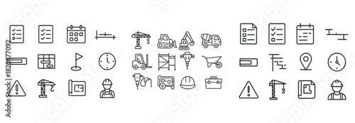 Construction and project management icons set: tools, equipment, and symbols collection