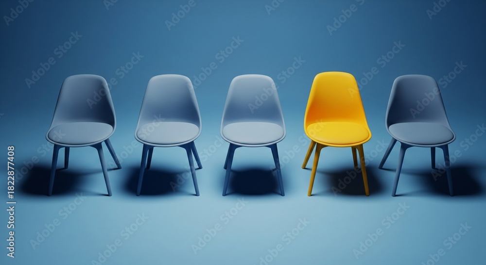 Obraz premium Unique yellow chair in a row of grey chairs on blue backdrop