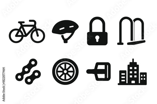 Urban Cycling Icons. Urban Cycling. Filled icon set of Urban Cycling: bicycle, helmet, lock, bike rack, chain,
