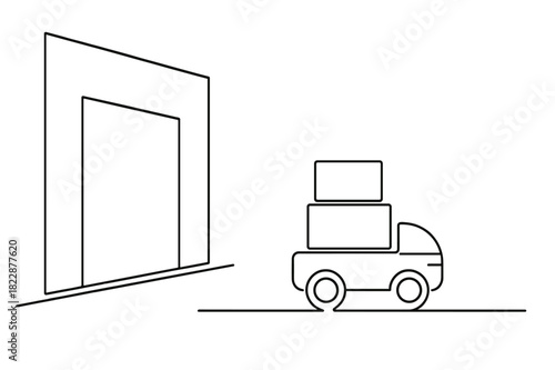 Minimalist Delivery Robot. Automated Delivery. Minimalistic one-line drawing mobile robot transporting boxes