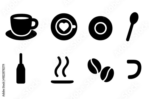 Latte Icon Set. Latte Moments. Filled icon set of Latte Moments: coffee cup, heart-shaped foam, saucer, spoon,