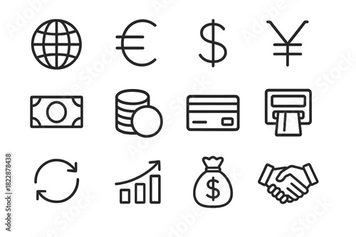 Global Currency Icons. Global currency icons. Line outline icon set of global currency icons: globe, currency