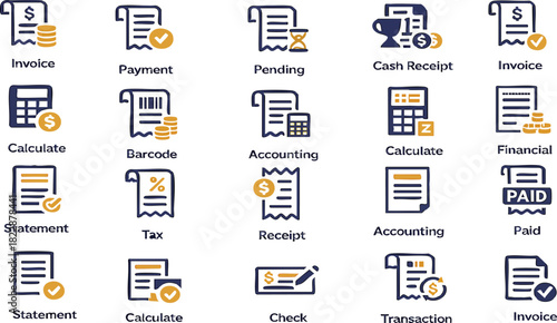 Business Icons Set: An organized collection of financial and business icons, offering a visual vocabulary for various financial transactions, accounting practices, and commercial activities.