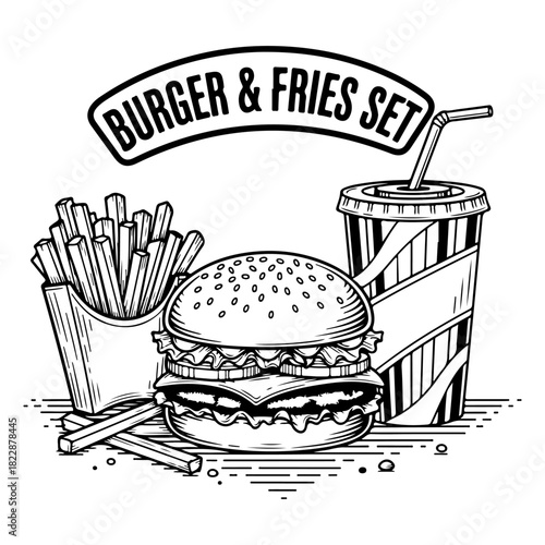 A black and white vintage illustration of a fast food meal set, including a burger, french fries, and a soda.