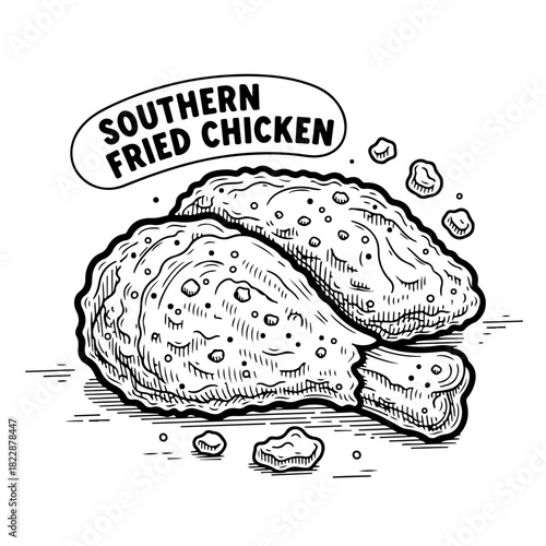A black and white hand-drawn illustration of crispy Southern fried chicken, featuring a drumstick and another piece.