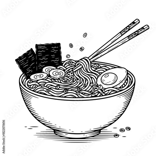 A detailed black and white line art illustration of a traditional Japanese ramen noodle bowl with chopsticks.