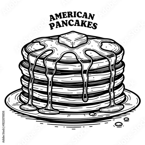 A vintage black and white illustration of a tall stack of American pancakes with melting butter and dripping syrup.