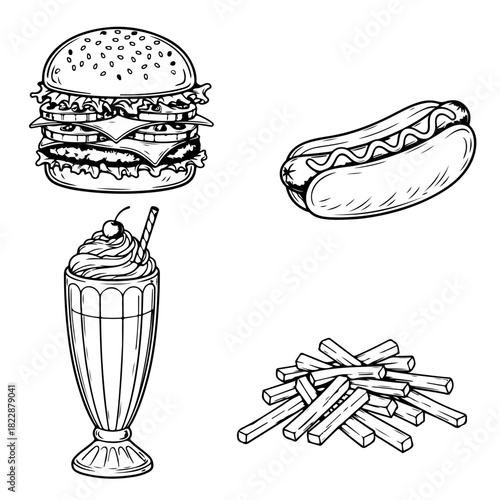 A black and white sketch collection of classic American fast food items including a burger, hot dog, fries, and a milkshake.