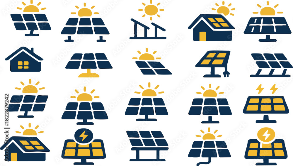 Fototapeta premium Solar Energy Icons: A collection of various icons depicting solar panels with a bright shining sun, showcasing the potential of renewable energy and sustainable living.