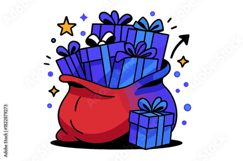 Santa's Gift Sack. Santa?s bag full of gifts. Large red sack overflowing with colorful wrapped presents,