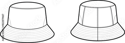 Bucket hat sketch, technical illustration, crown panel design, brim stitching detail, fashion drawing, garment concept, headwear template, apparel accessory