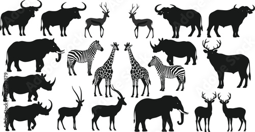 African, animal, silhouette, vector, illustration, wildlife, black, buffalo, antelope, giraffe, zebra, rhino, elephant, deer, nature, side, profile, pose, diversity, fauna