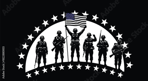 American soldiers silhouette standing proudly with United States flag surrounded by stars, patriotic military tribute artwork, cad drawing flat vector illustration