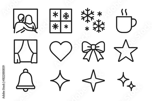 Festive Couples' Icons. Festive Couple by Window. Line outline icon set of Festive Couple by Window: couple