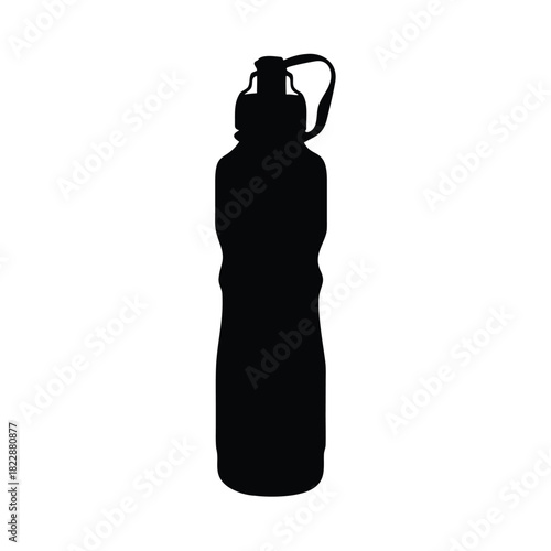 A black silhouette of a reusable water bottle with a cap and strap is shown against a white background.