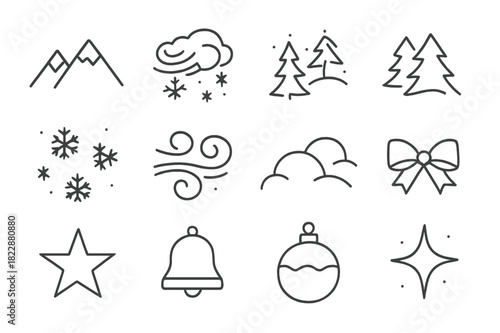Winter Blizzard Icons. Winter Blizzard. Line outline icon set of Winter Blizzard: mountains, snowstorm clouds,