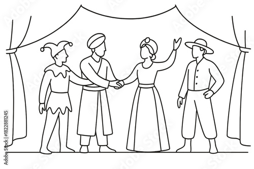 Cultural Theater Harmony. Theatrical Collaboration. Minimalistic one-line drawing actors wearing diverse