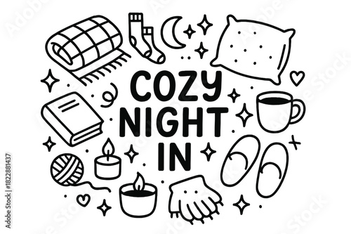 Cozy Night Doodle. Cozy night in. Hand-drawn doodle illustration of cozy night in. Blanket, socks, book,