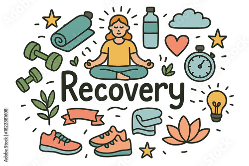 Fitness Recovery Doodle. Fitness recovery. Hand-drawn doodle illustration of fitness recovery. Dumbbells, yoga