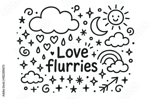 Love Flurries Doodle. Love flurries. Hand-drawn doodle illustration of love flurries. Cloud, falling hearts,