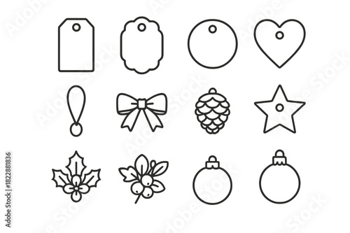 Vintage Holiday Icons. Vintage Holiday Tags. Line outline icon set of Vintage Holiday Tags: rectangle tag,