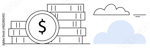 Financial growth. Stacked coins and a dollar sign profit and saving, paired with cloud elements. Ideal for financial concepts, cloud computing, fintech, savings, and technology