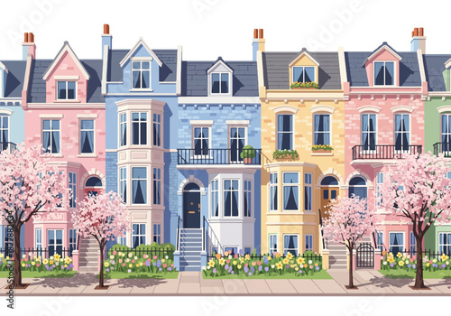 Vector Spring Pastel Townhouses Street – Colorful Residential Houses With Front Gardens, Cherry Blossom Trees and Flower Beds For Poster Background Illustration